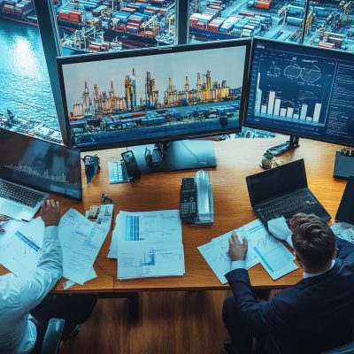 A team of marine logistics professionals collaborates to analyze data and strategize port operations.